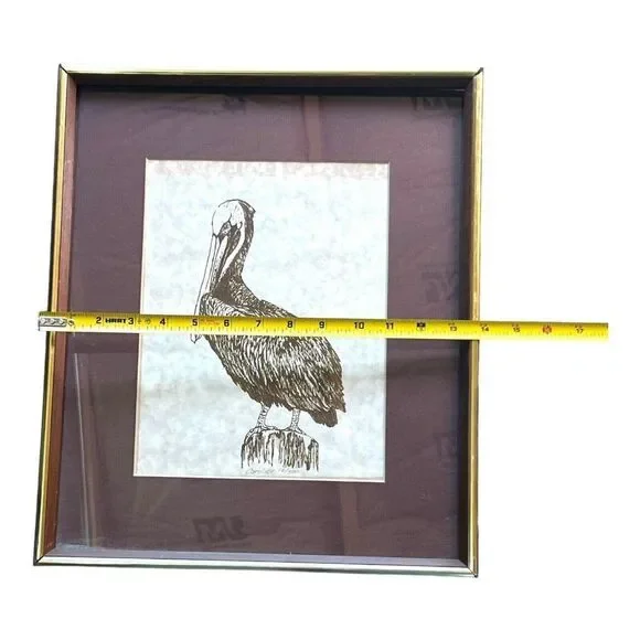 Silk Screening of Pelican Signed Art Caroline Zaffery Framed 14X16Beach Nautical